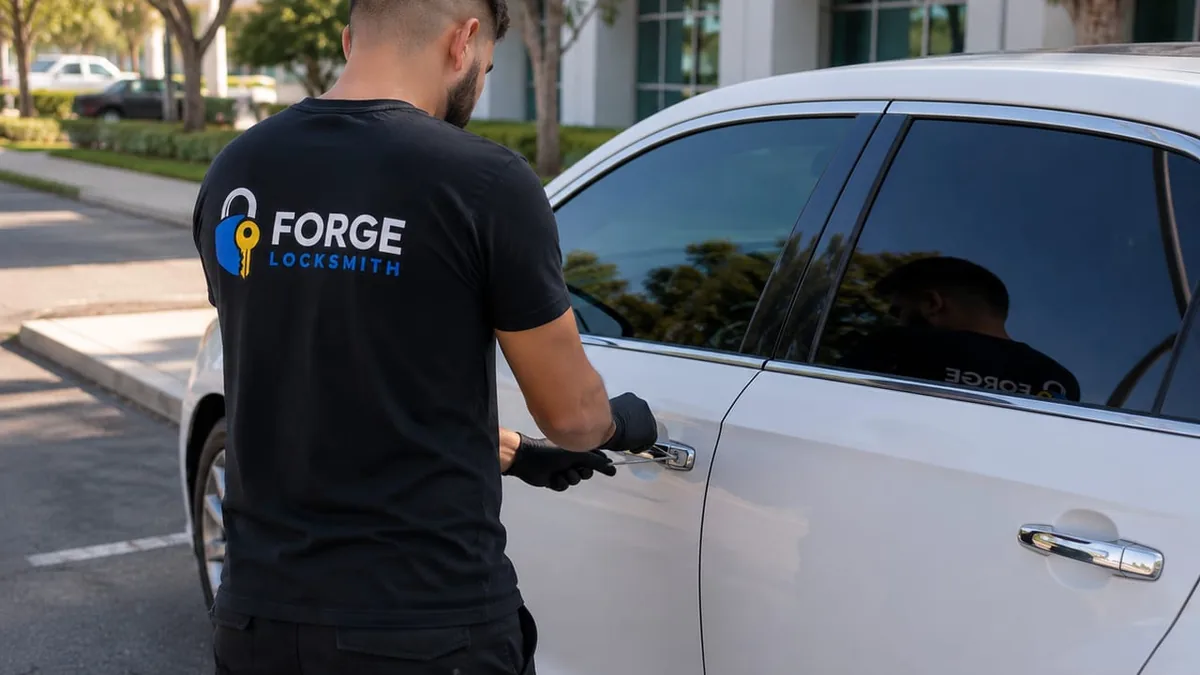 Forge Locksmith technician unlocking a car door without damage in Houston