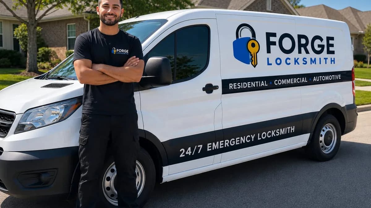 Forge Locksmith technician in front of the company van in Houston